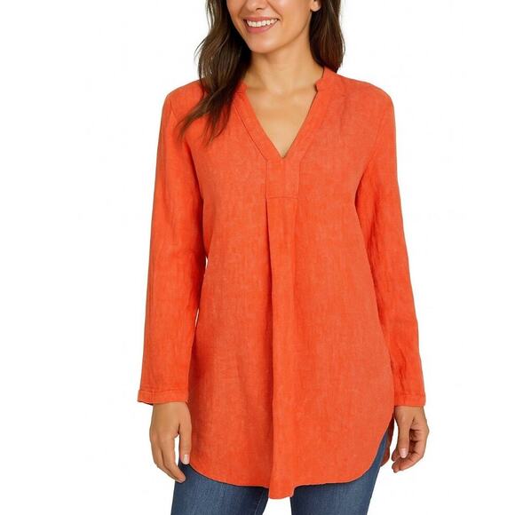 L.L. Bean Linen Tunic Top Orange Split V Neck Long Sleeve Hi Low 100% Linen XS - Picture 1 of 9